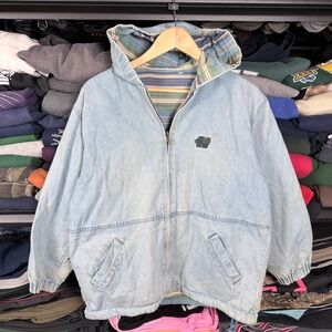 Northern Getaway Mens Denim Lined Hooded Jacket Blue Plaid Reversible Size L